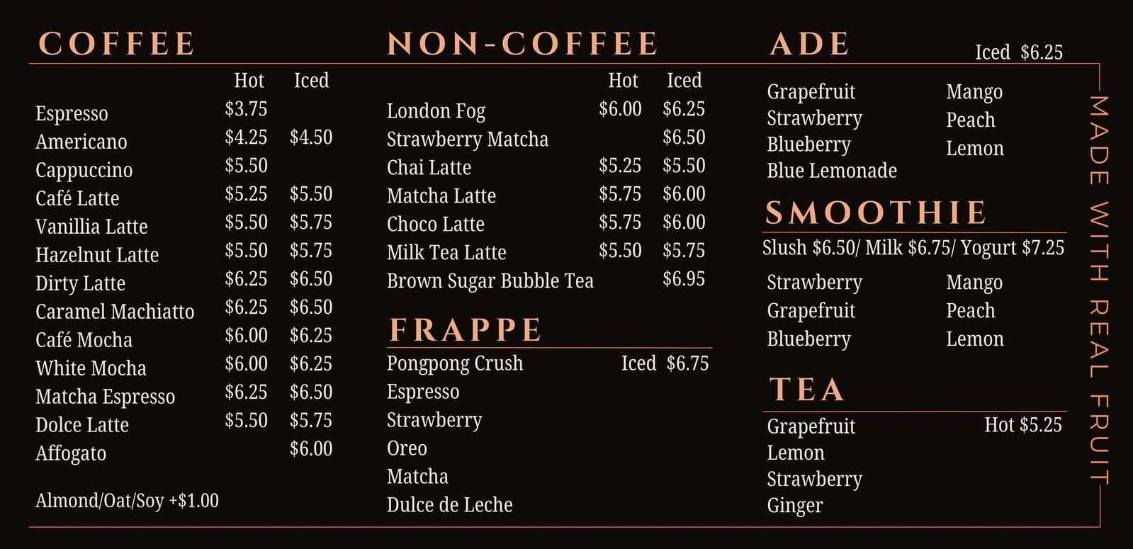 Coffee, non-coffee, ade, smoothie, frappe and tea menu with prices